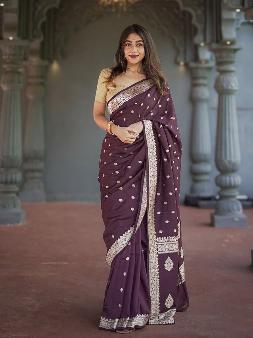 

KALINI Woven Design Zari Silk Blend Banarasi Saree, Purple