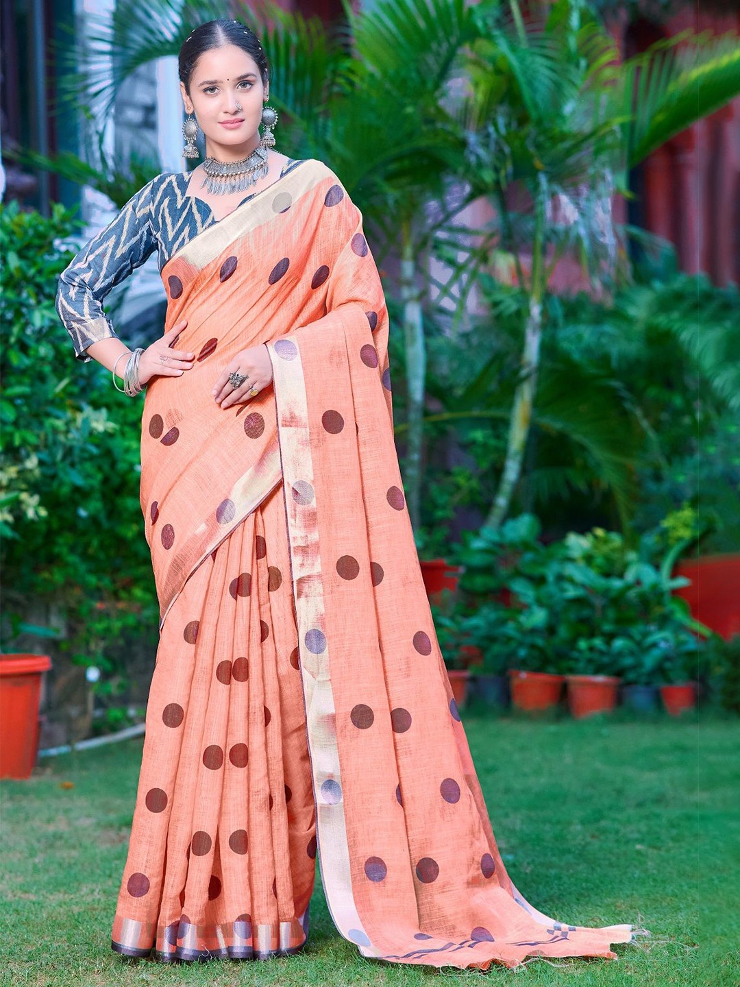 

Iris Polka Dot Zari Pure Cotton Saree, Orange