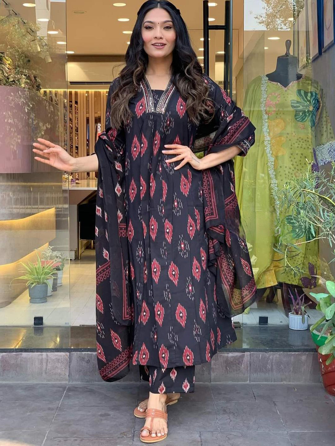 

BAESD Printed V-Neck Thread Work Pure Cotton Anarkali Kurti & Pant With Dupatta Set, Black