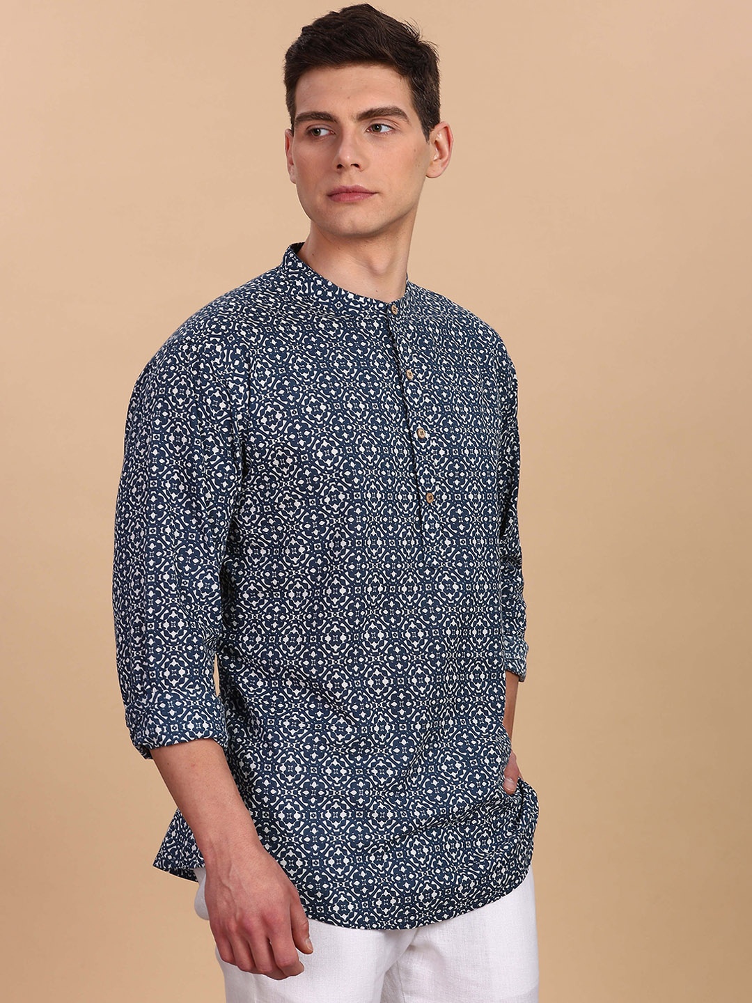 

Anouk Ethnic Motifs Printed Band Collar Pure Cotton Straight Short Kurta, Blue
