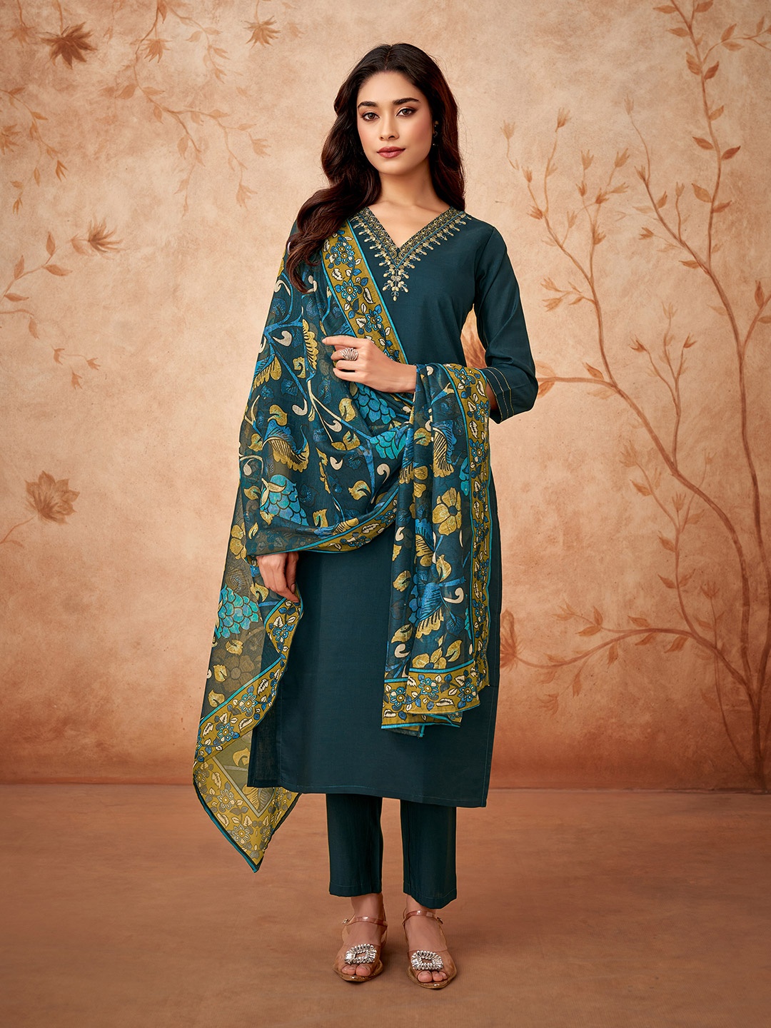 

KALINI Women Ethnic Motifs Embroidered Thread Work Chanderi Silk Kurti Pant & Dupatta, Teal