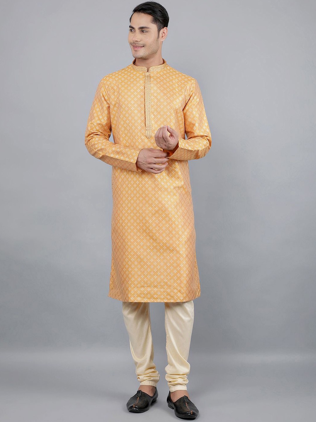

Manish Creations Floral Woven Design Band Collar Jacquard Kurta with Churidar, Mustard