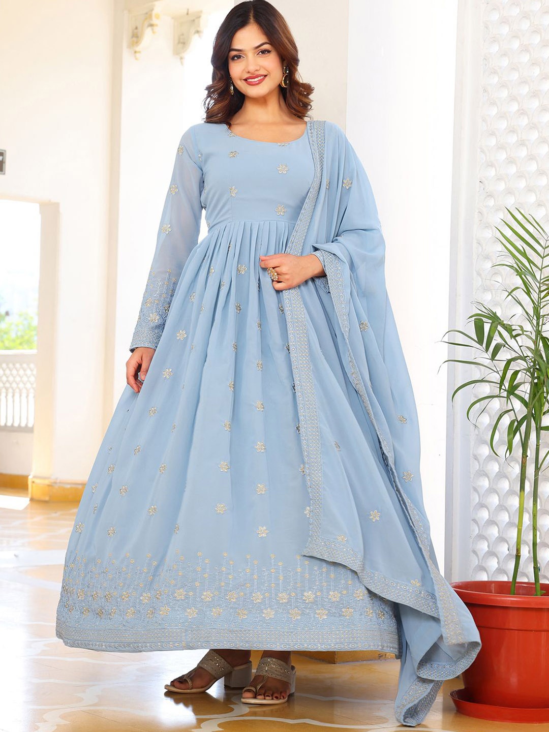 

Wedani Floral Embroidered Anarkali Kurta with Trousers & With Dupatta, Blue