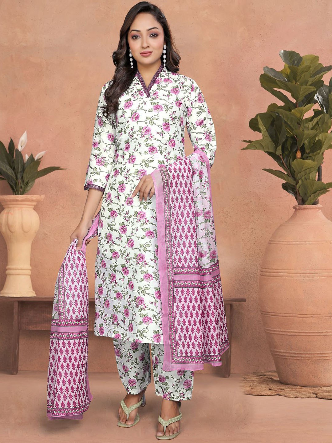 

Anara Floral Printed V-Neck Straight Kurta With Trousers & Dupatta, Pink