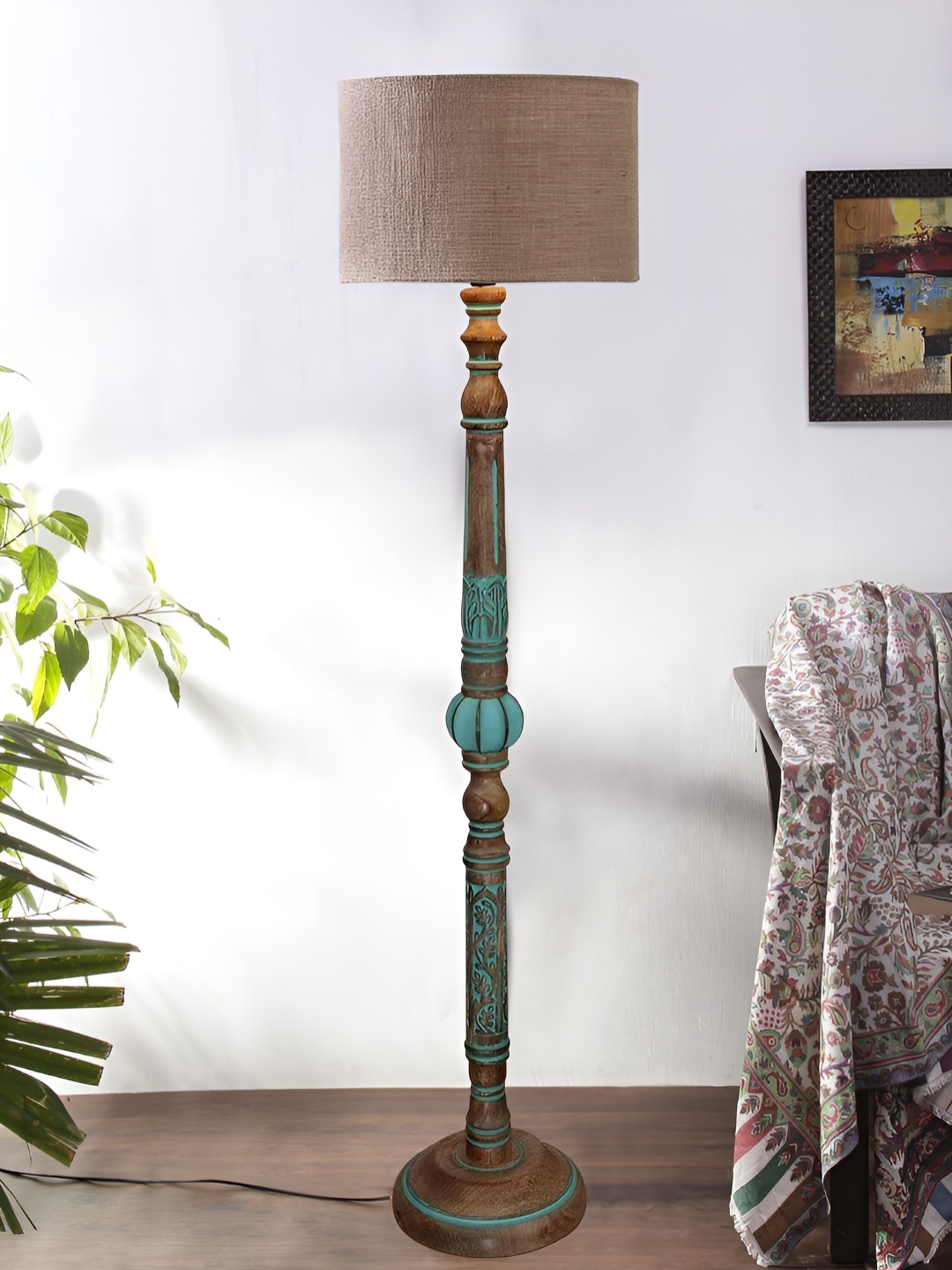 

Devansh Beige & Turquoise Blue Cylindrical Shaped Traditional Wooden Floor Lamp