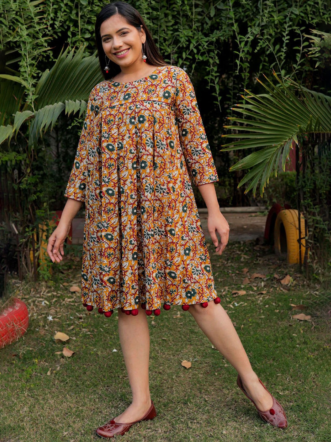 

KALINI Floral Printed Round Neck A-Line Cotton Ethnic Dress, Mustard