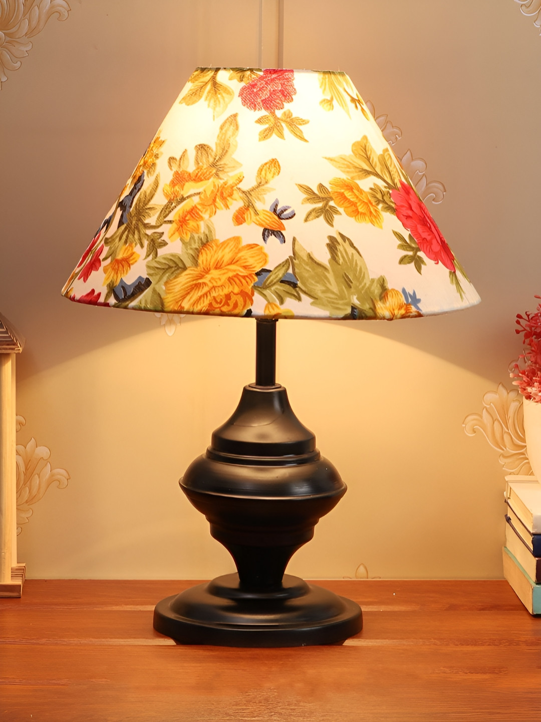 

BrightDaisy White & Black Floral Printed Metal Frustum Shaped Table Lamp