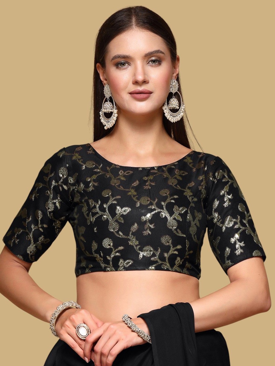 

Oomph! Woven Design Jacquard Traditional Saree Blouse, Black