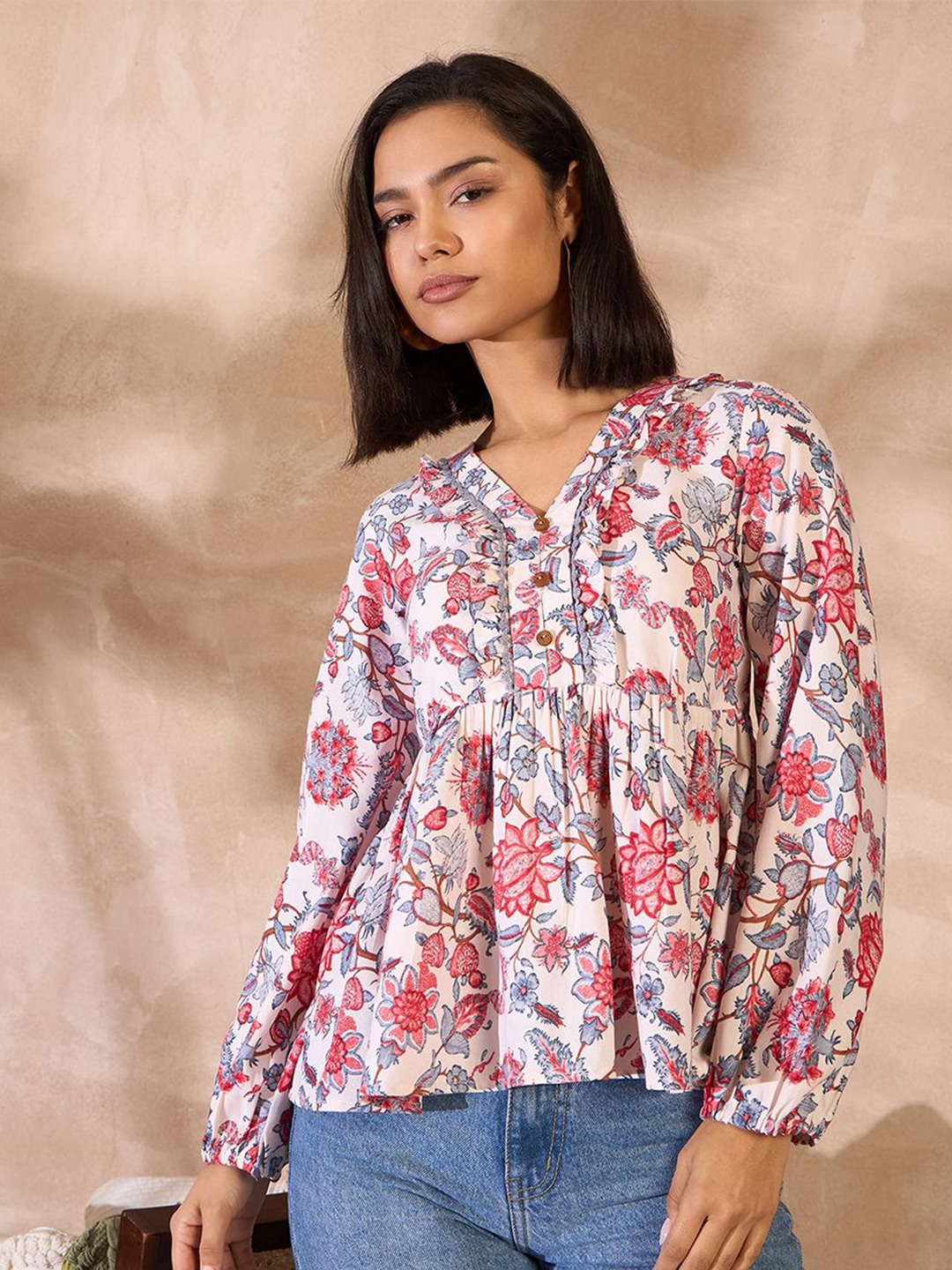 

CORSICA Floral Print Puff Sleeve Empire Top, White