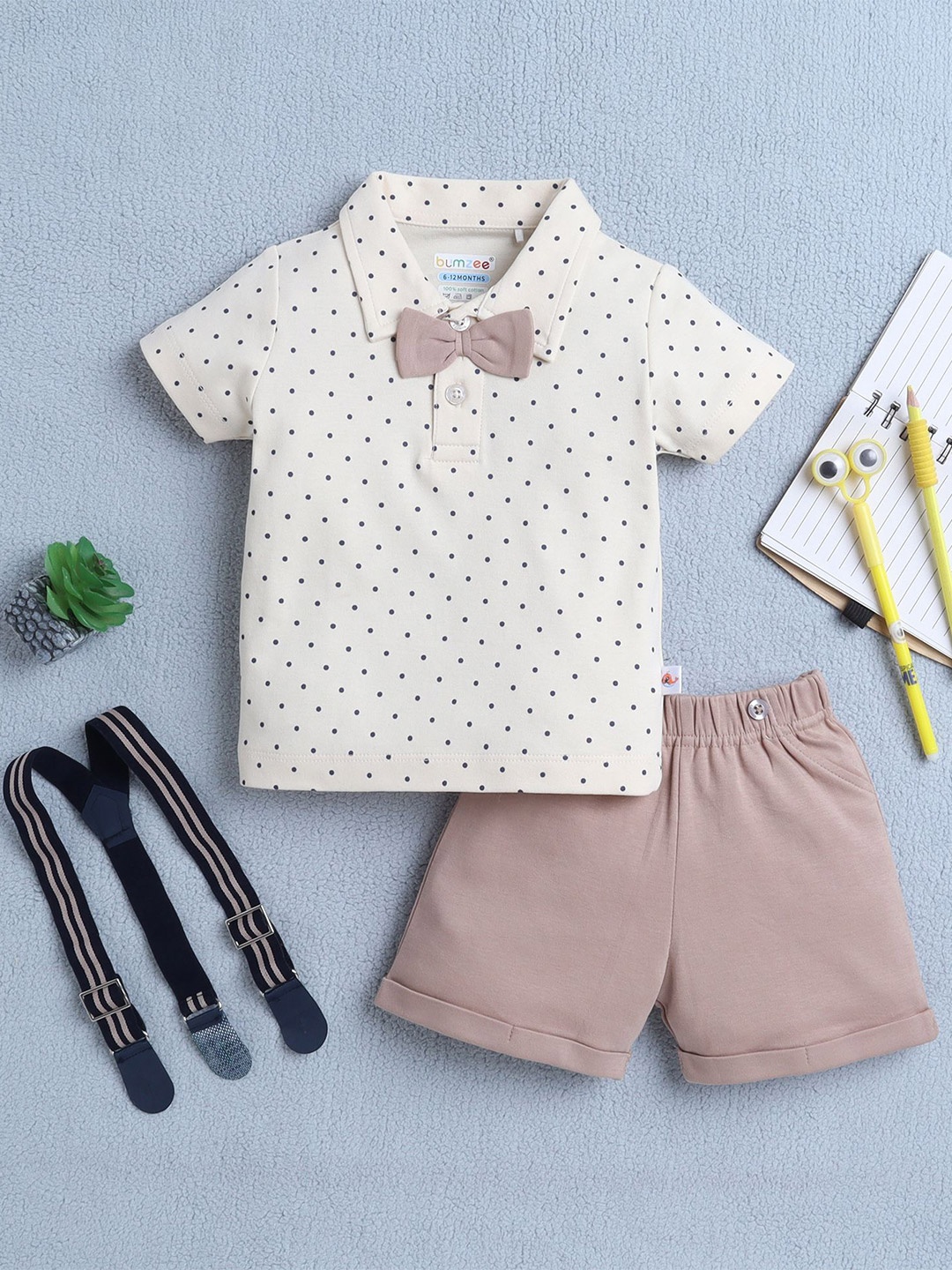 

BUMZEE Boys Printed Polo Pure Cotton T-Shirt With Shorts & Suspender, Beige