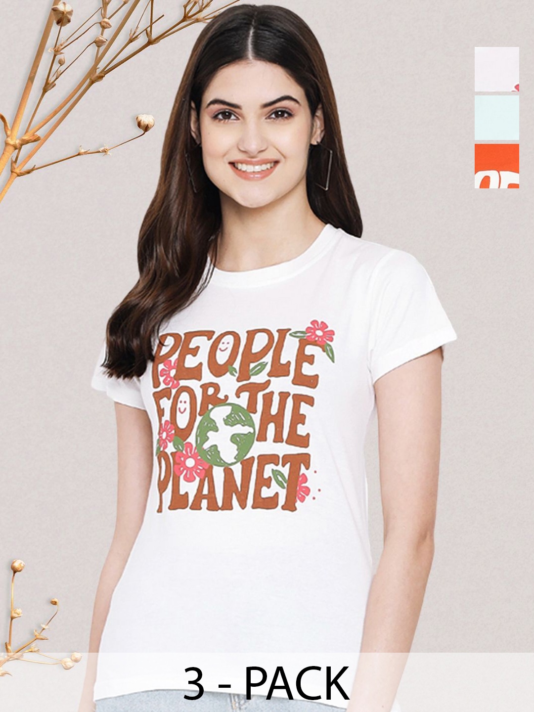 

GLOBAL NOMAD Women Typography 3 Printed Applique T-shirt, Multi
