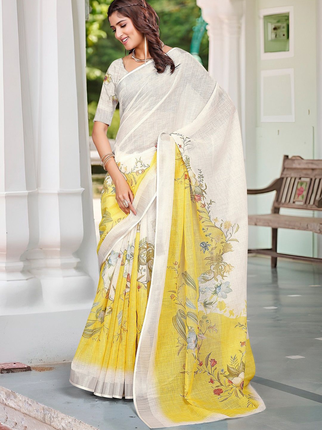 

Iris Floral Printed Pure Cotton Saree, White