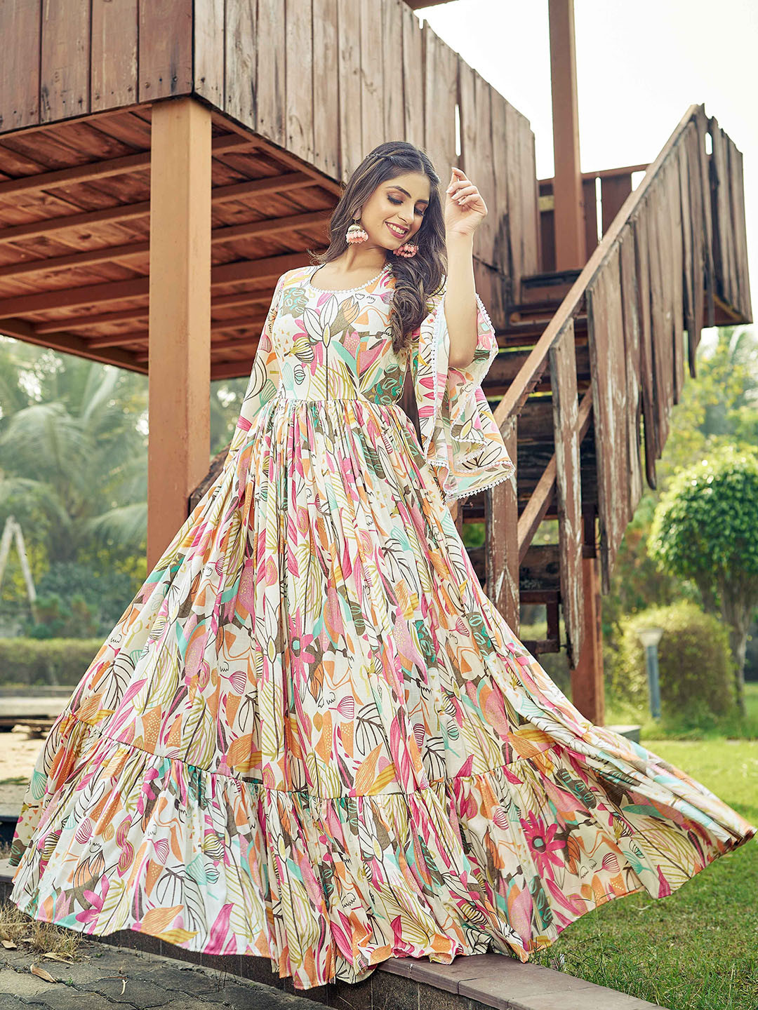 

CHANSI Printed Cotton Fit & Flare Maxi length Gown Dress, Off white