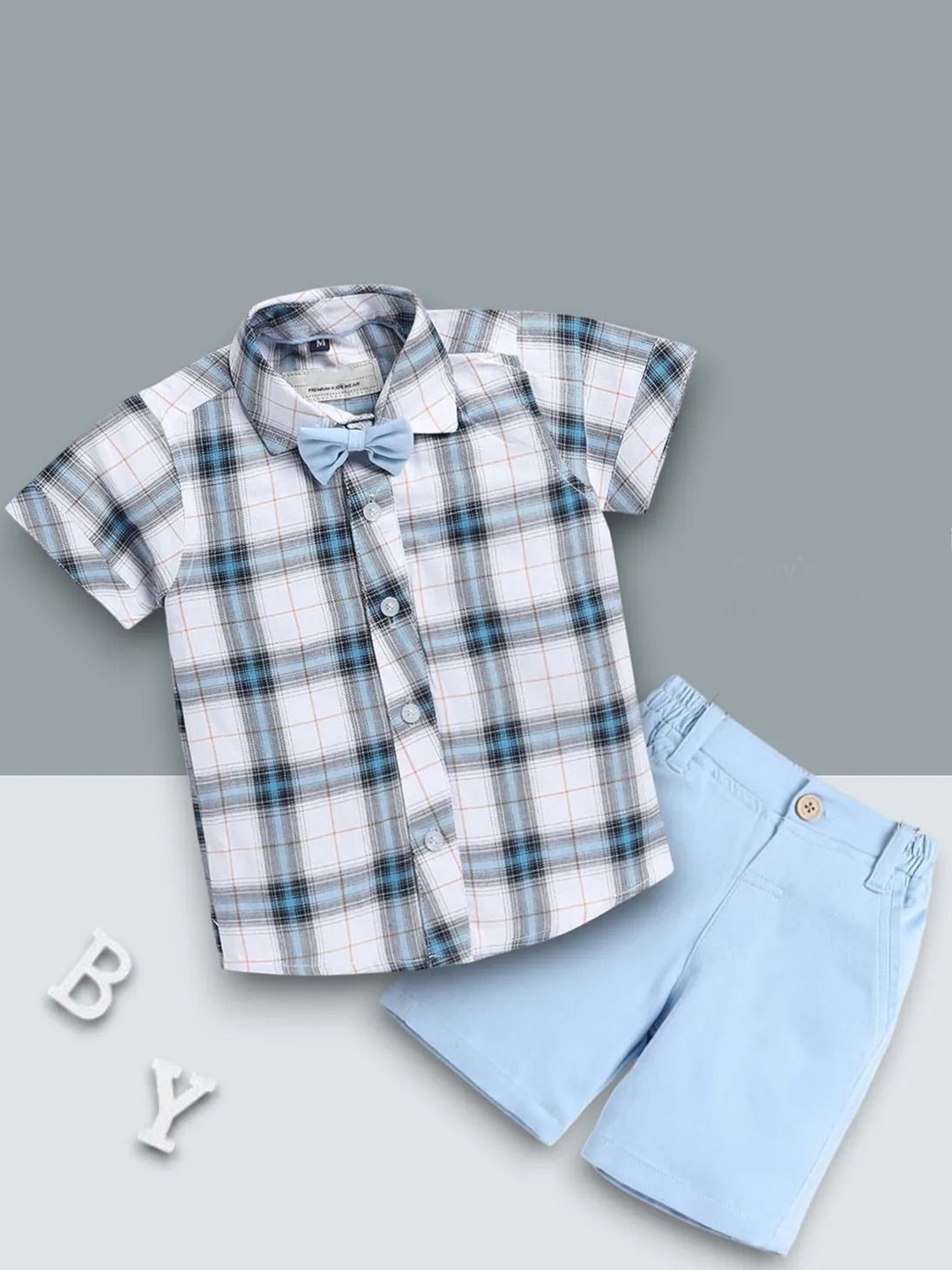 

GLAM ELEGANCE Boys Checked Short Sleeves Shirt With Shorts, White