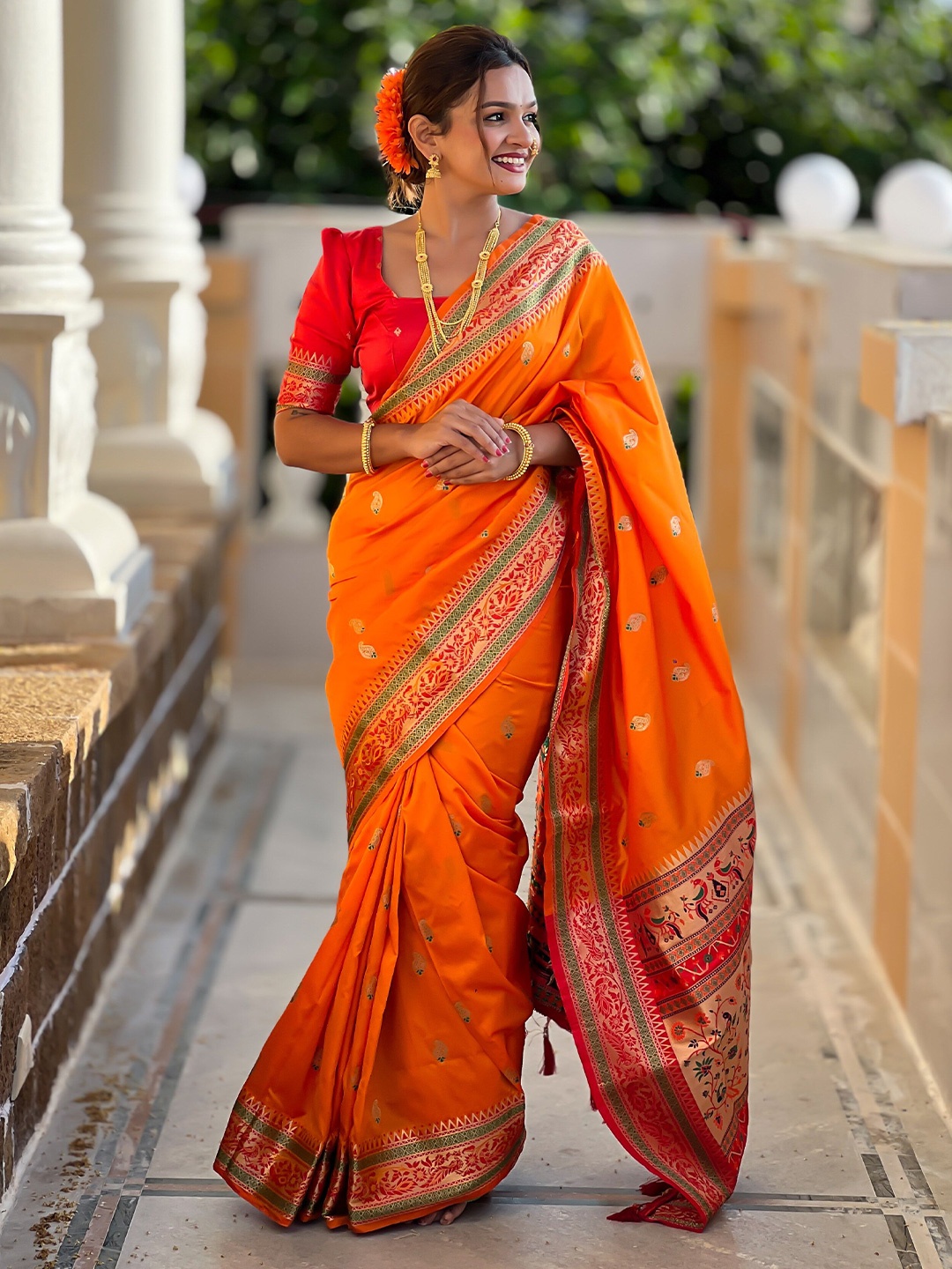 

VEECHIS Woven Design Zari Silk Blend Banarasi Saree, Orange