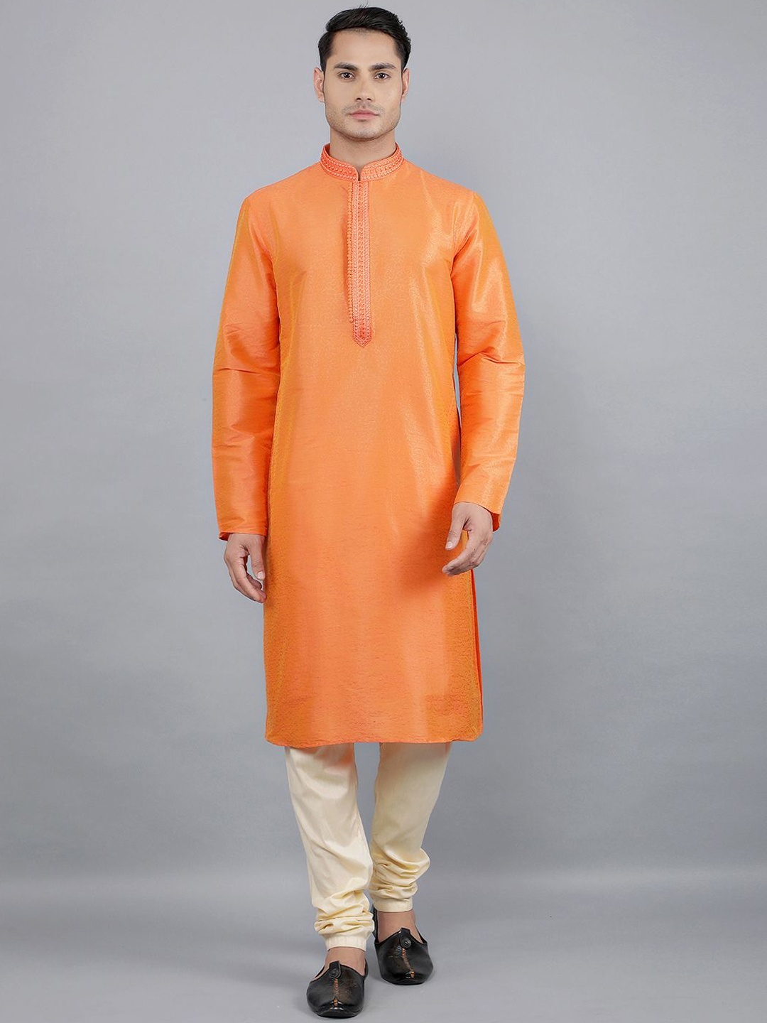 

Manish Creations Woven Design Band Collar Jacquard Kurta with Churidar, Orange