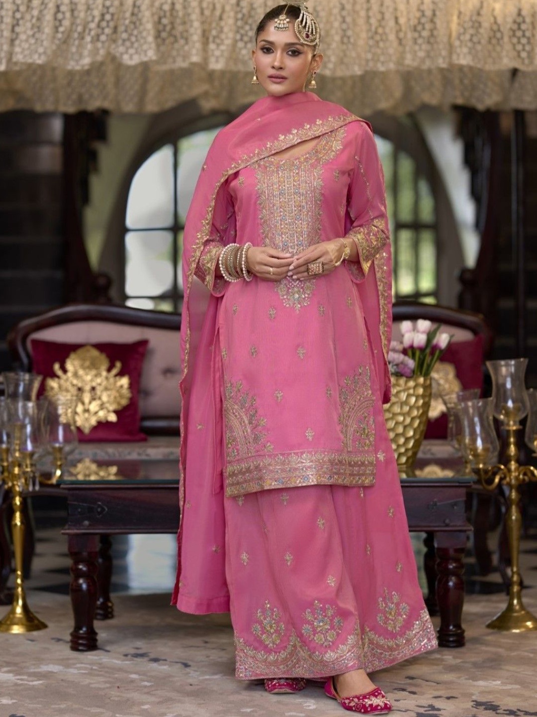 

AUTUMN LANE Floral Embroidered Sequinned Straight Kurta With Palazzos & Dupatta, Pink