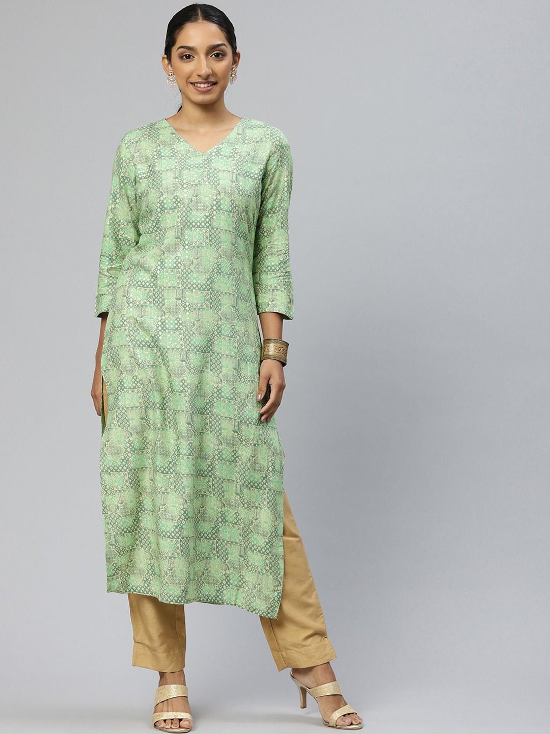 

DIVASTRI Ethnic Motifs Printed V-Neck Cotton Straight Kurta, Green