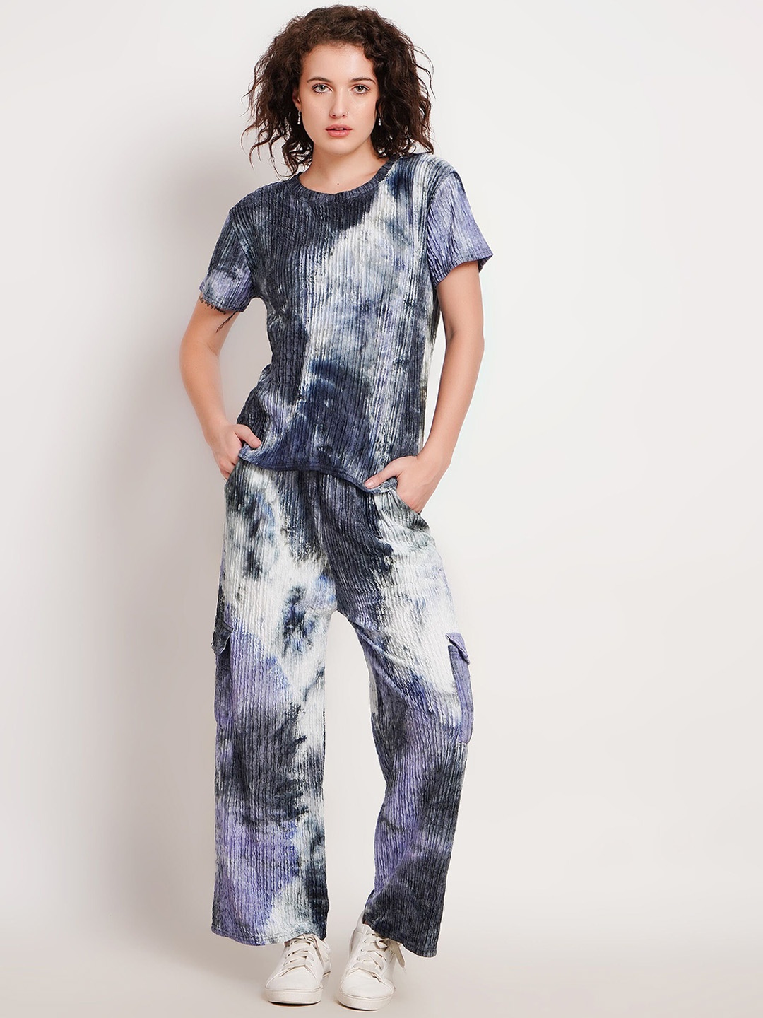 

Lugo Tie And Dyed Self Design Round Neck T-shirt With Trouser, Black