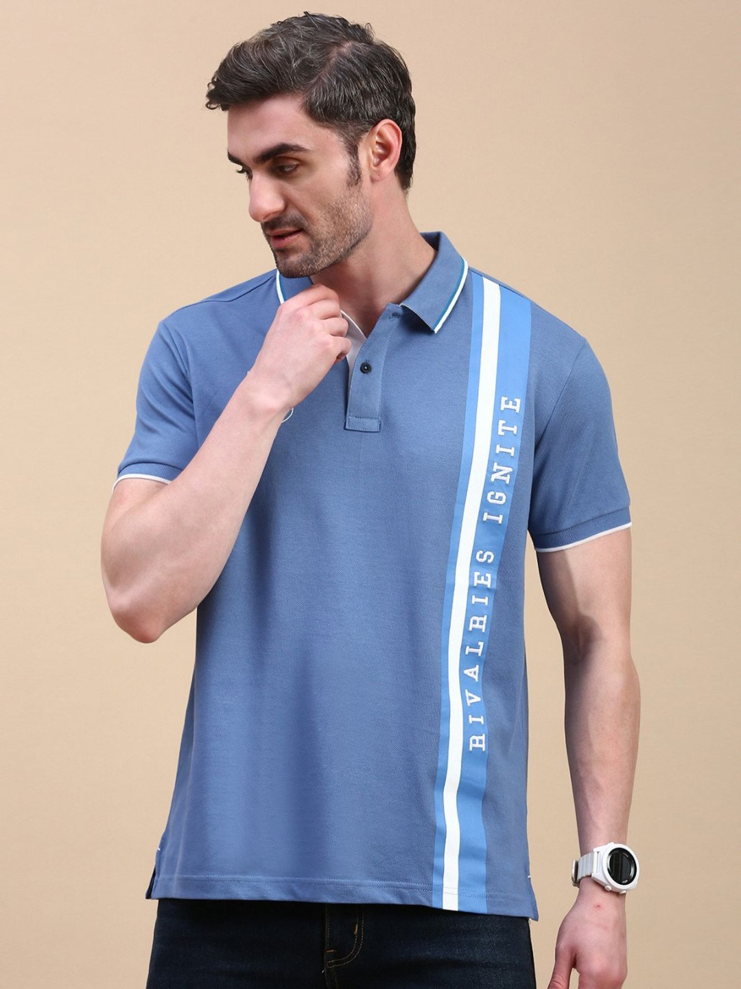

Classic Polo Men Typography Printed Polo Collar Pockets Slim Fit T-shirt, Blue