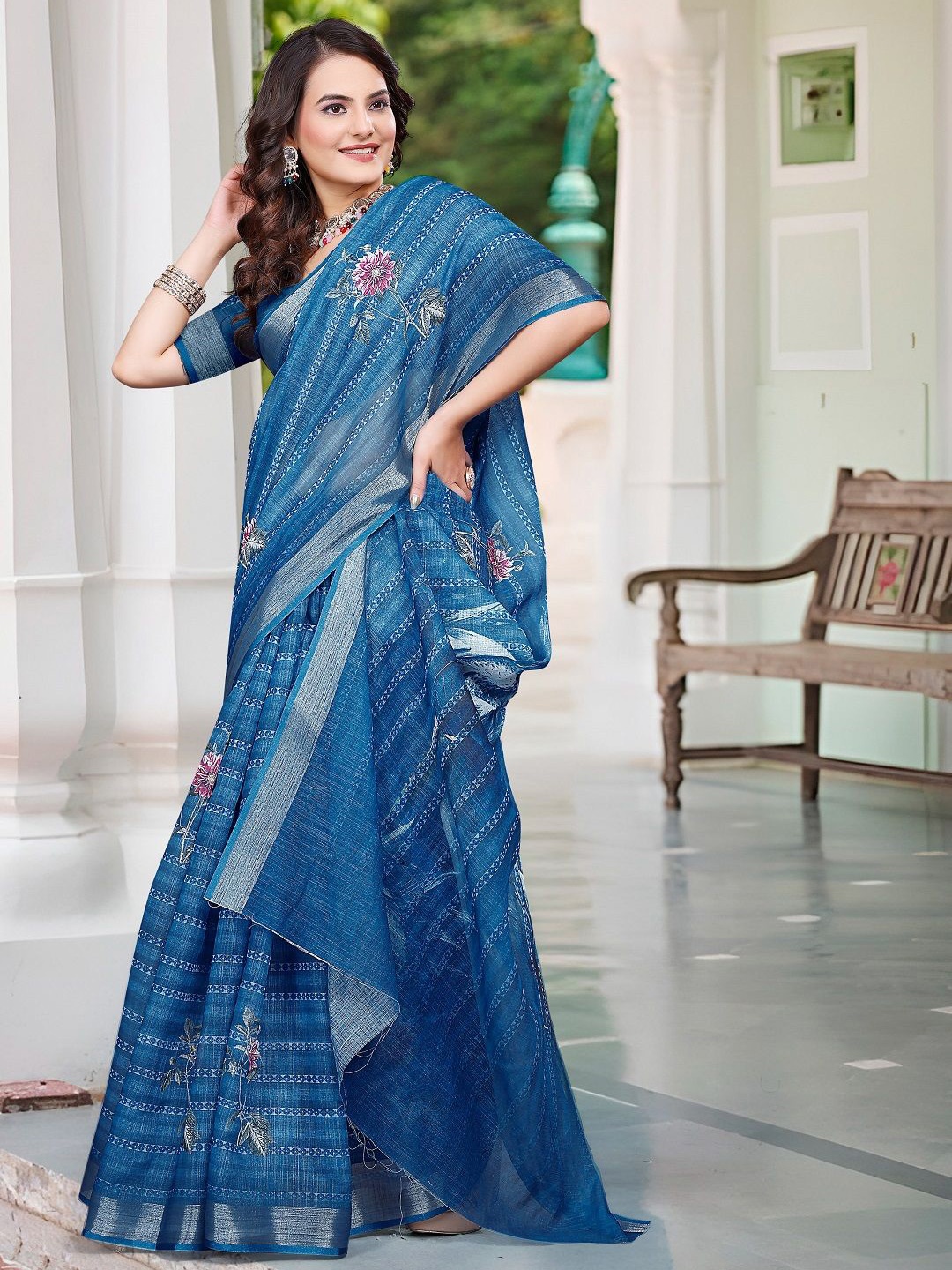 

Iris Floral Pure Cotton Saree, Blue