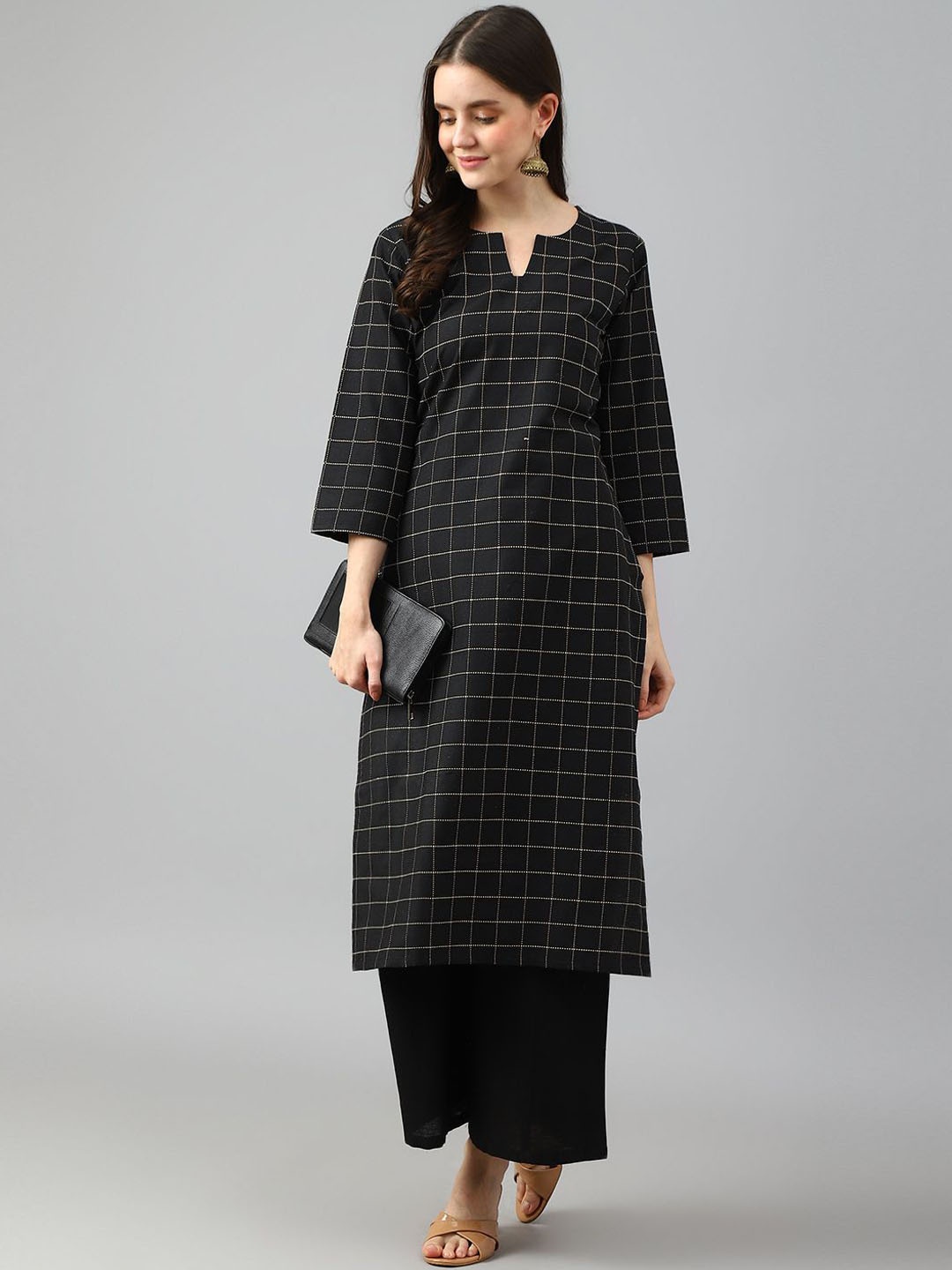 

DIVASTRI Checked Notch Neck Cotton Straight Kurta, Black