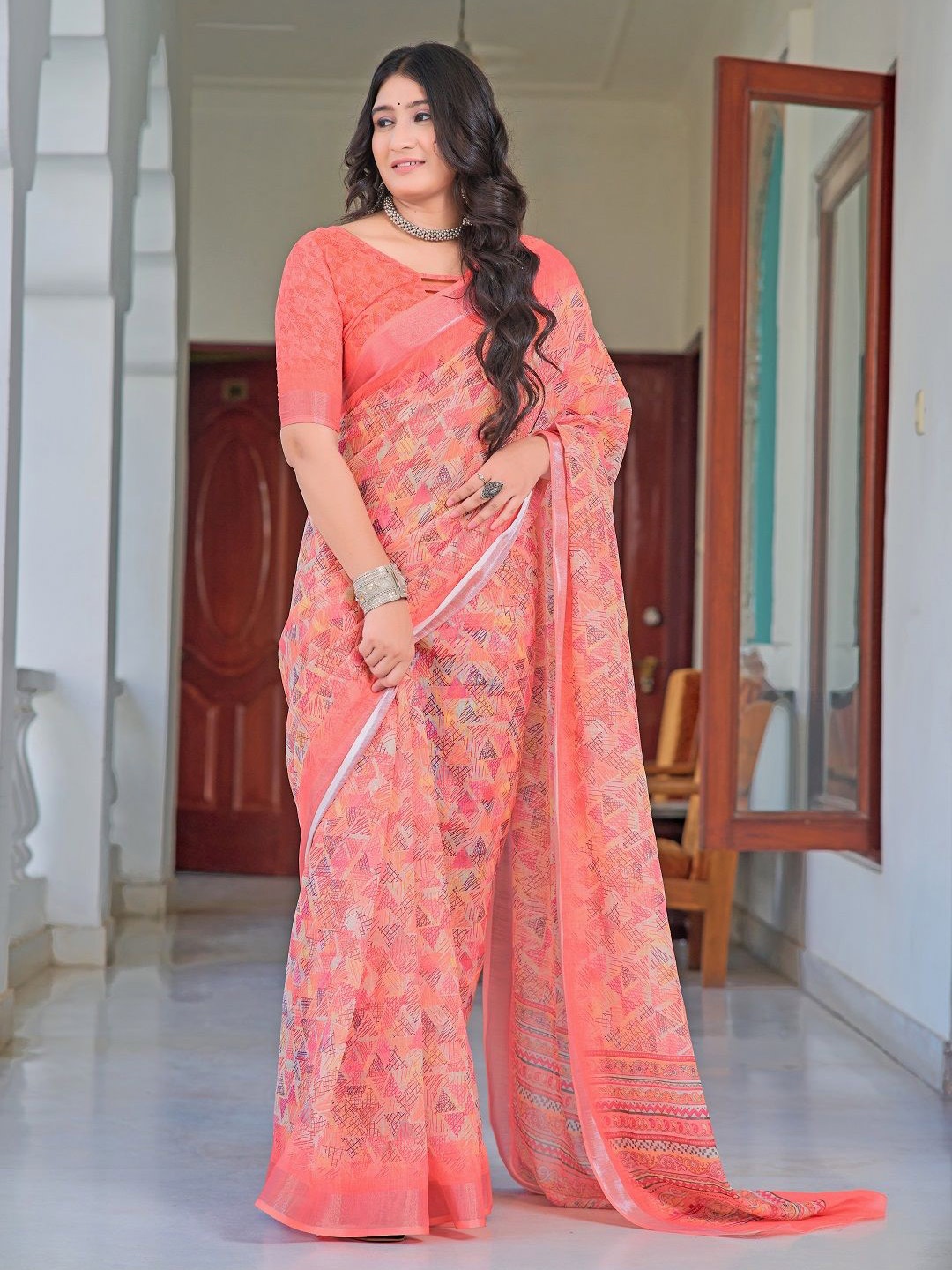 

Iris Zari Pure Cotton Saree, Peach