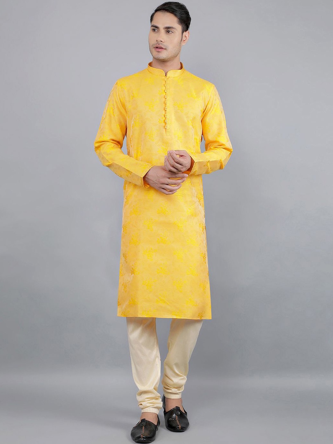 

Manish Creations Woven Design Band Collar Kurta with Churidar, Mustard