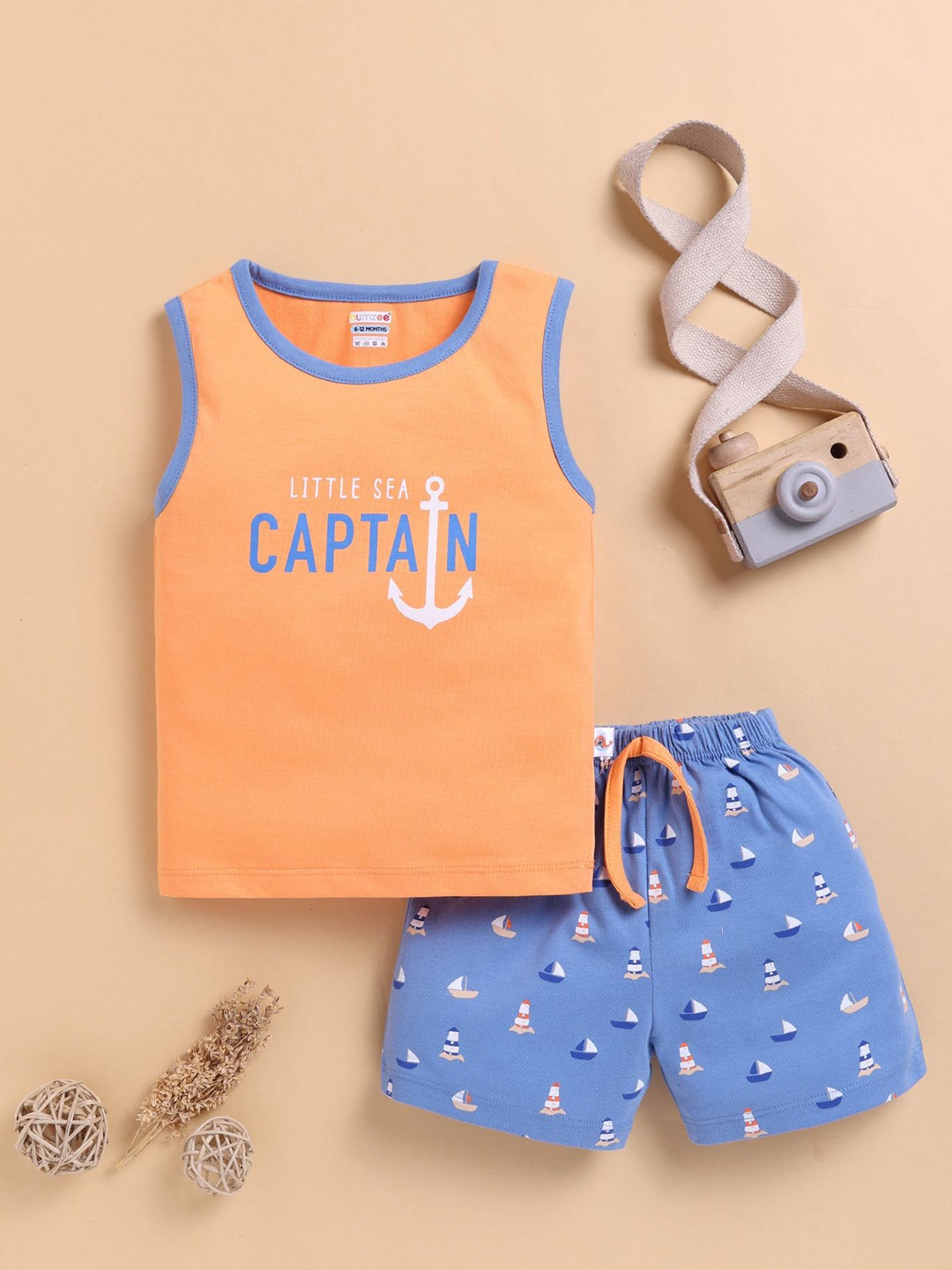 

BUMZEE Boys Printed Round Neck Pure Cotton T-Shirt With Shorts, Orange