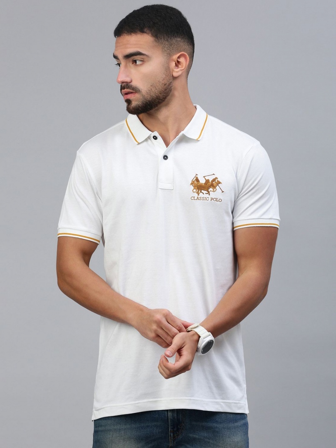 

Classic Polo Men Polo Collar Drop-Shoulder Sleeves Applique Slim Fit T-shirt, White