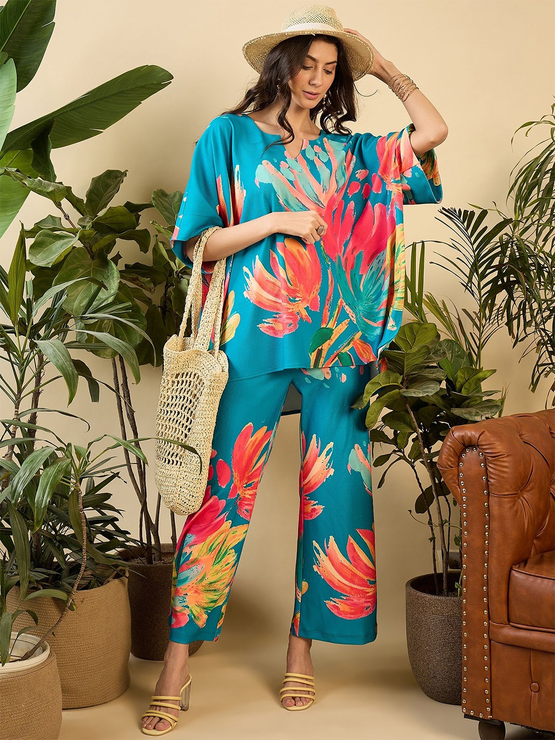 

MABISH by Sonal Jain Anti Fit Kaftan Top With Pants Co-Ords, Blue