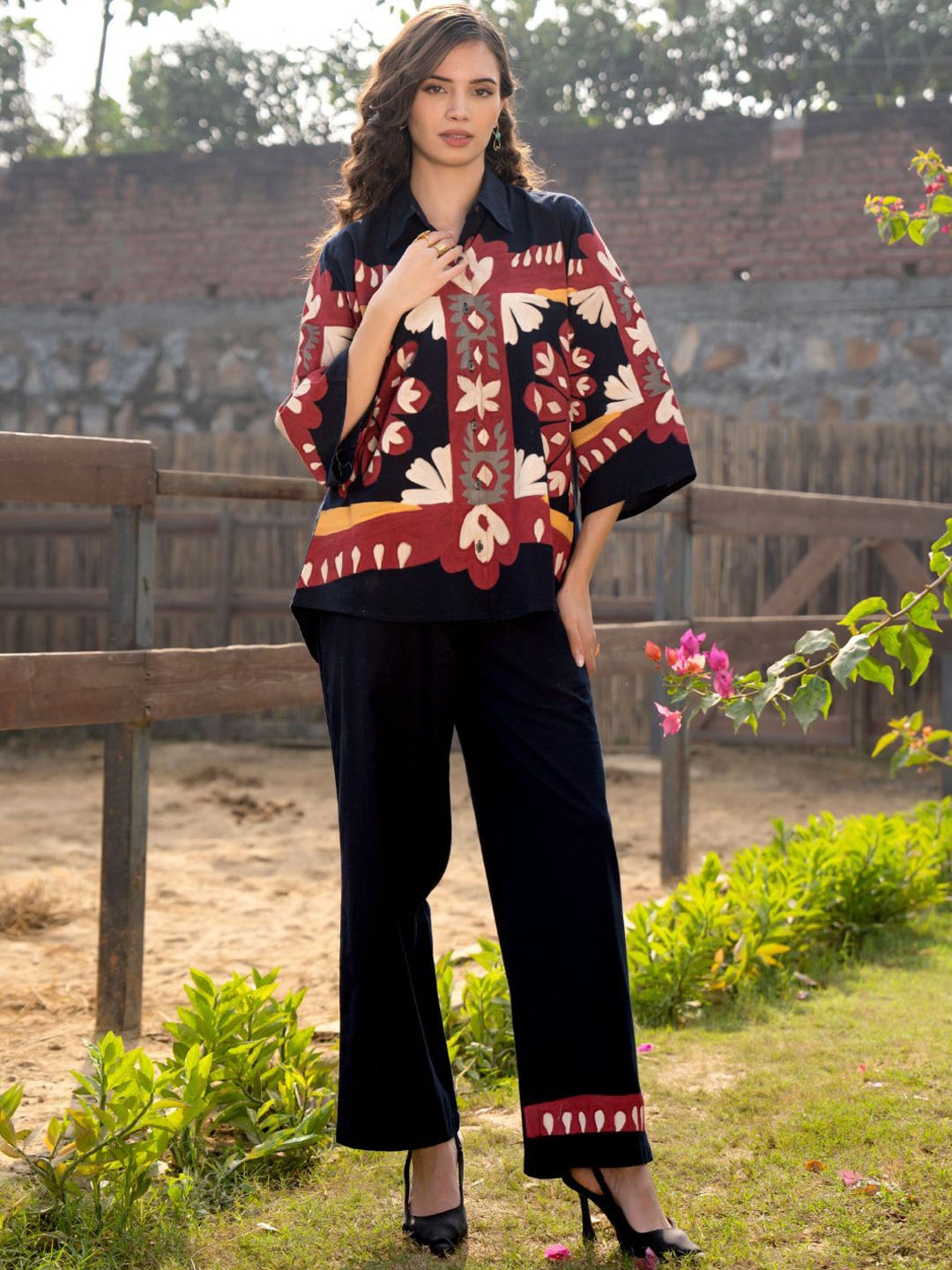 

Zummer Floral Printed Shirt Collar Pure Cotton Shirt With Trousers, Navy blue