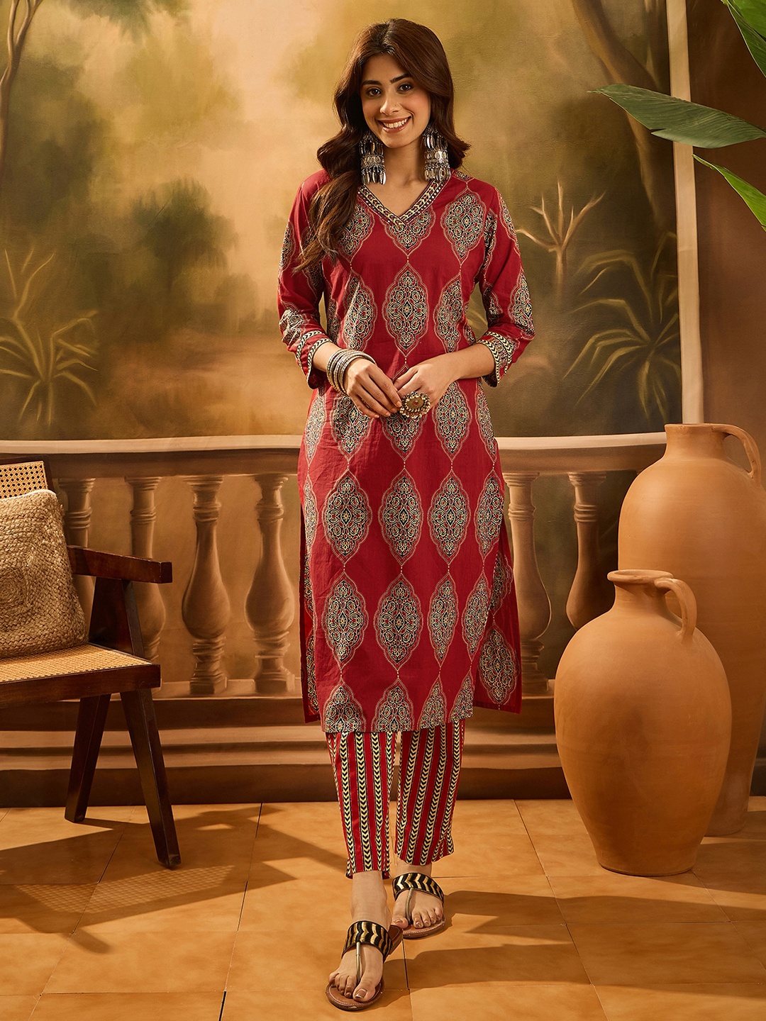 

Sangria Floral Printed V-Neck Sequinned Cotton Straight Kurta With Trouser & Dupatta, Maroon