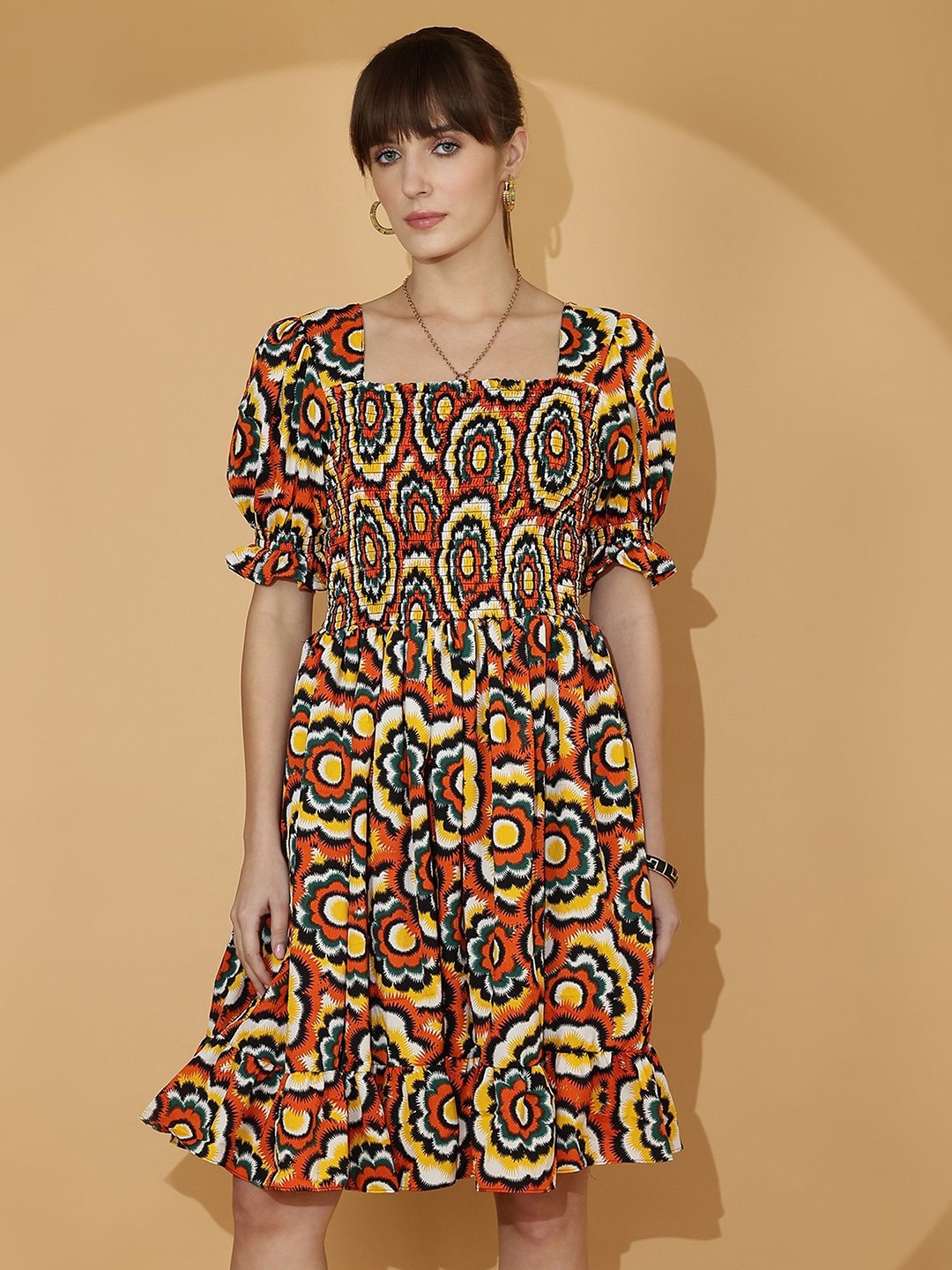 

De La Moda Floral Print Puff Sleeve Crepe Fit & Flare Dress, Multi