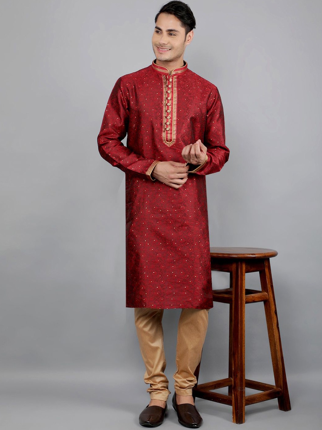 

Manish Creations Floral Woven Design Sequinned Mandarin Collar Kurta With Churidar, Maroon