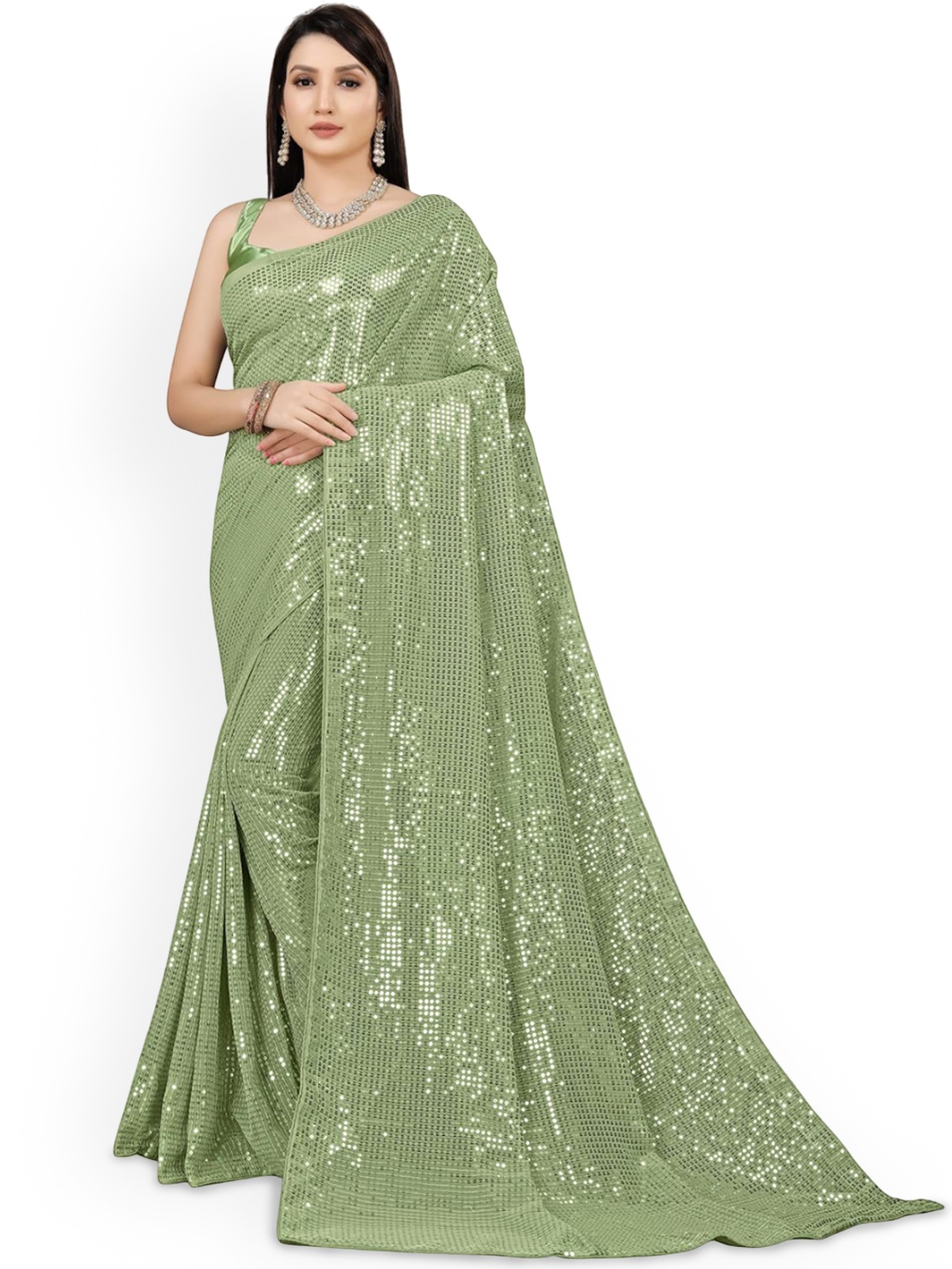 

THE52 Embellished Sequinned Saree With Blouse, Green