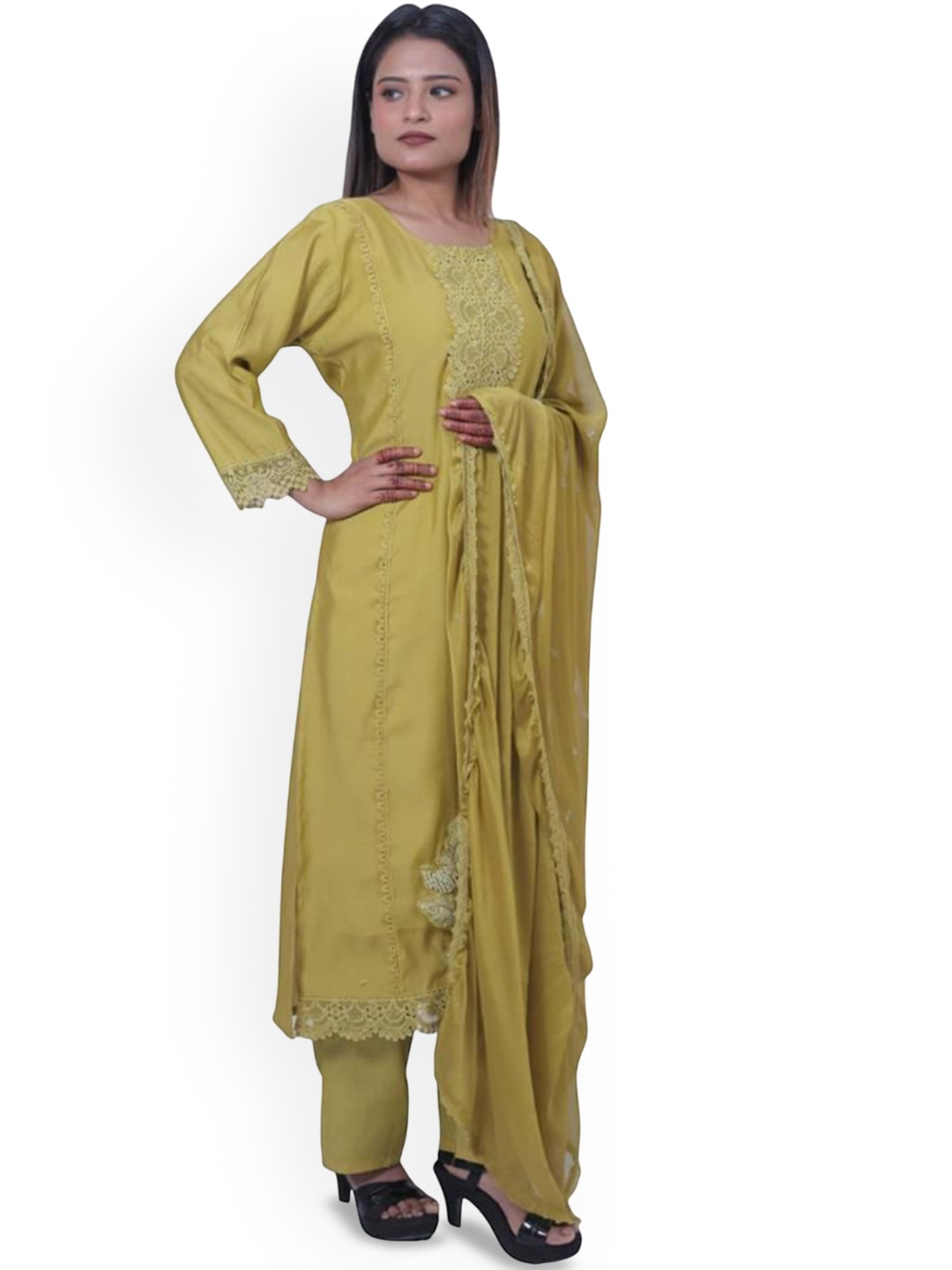 

Wavy Collection Floral Embroidered Sequinned Straight Kurta with Trouser & Dupatta, Mustard