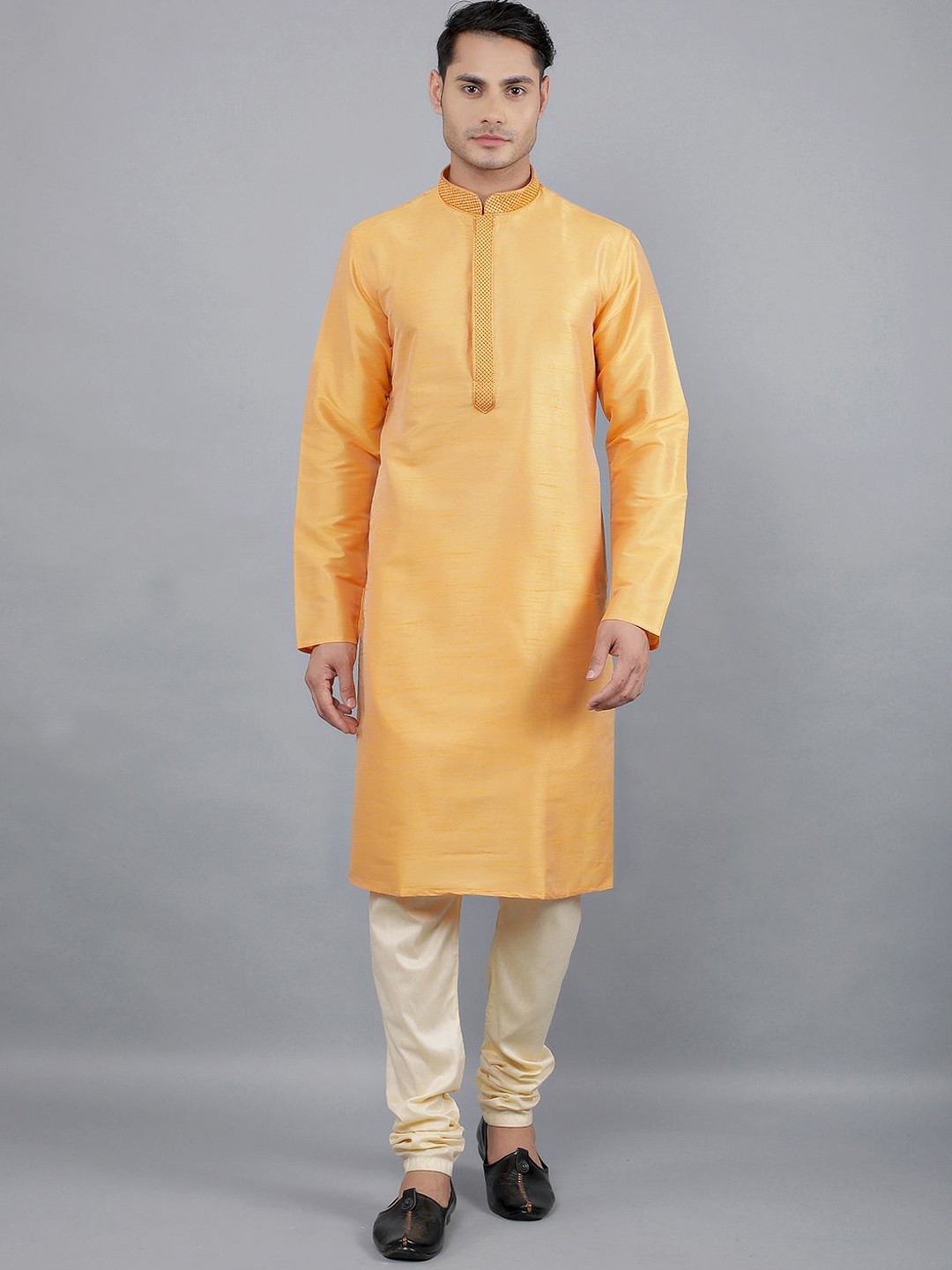 

Manish Creations Woven Design Band Collar Jacquard Kurta with Churidar, Yellow