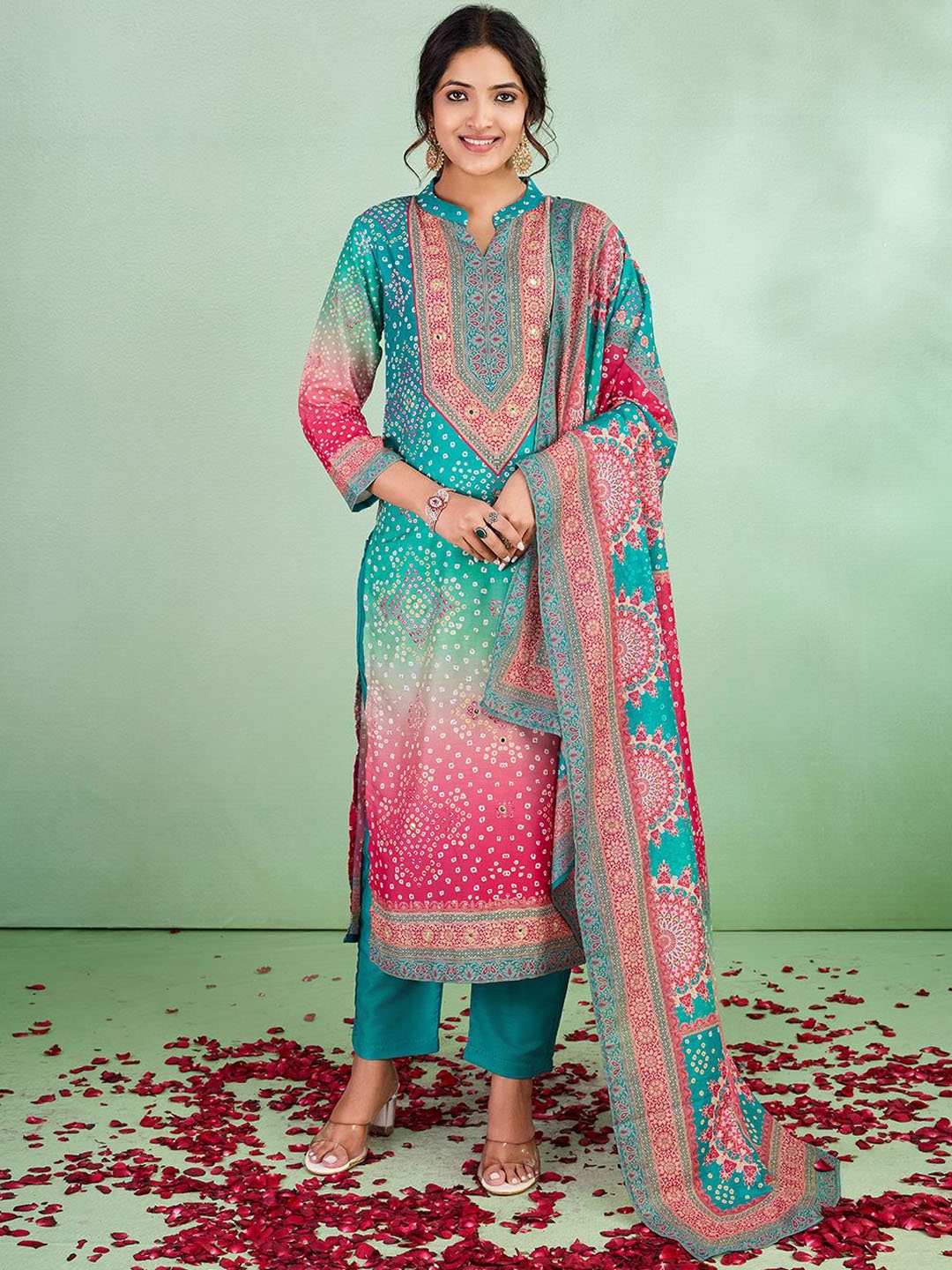 

SUAAC Bandhani Printed Mandarin Collar Straight Kurta With Trousers & Dupatta, Blue