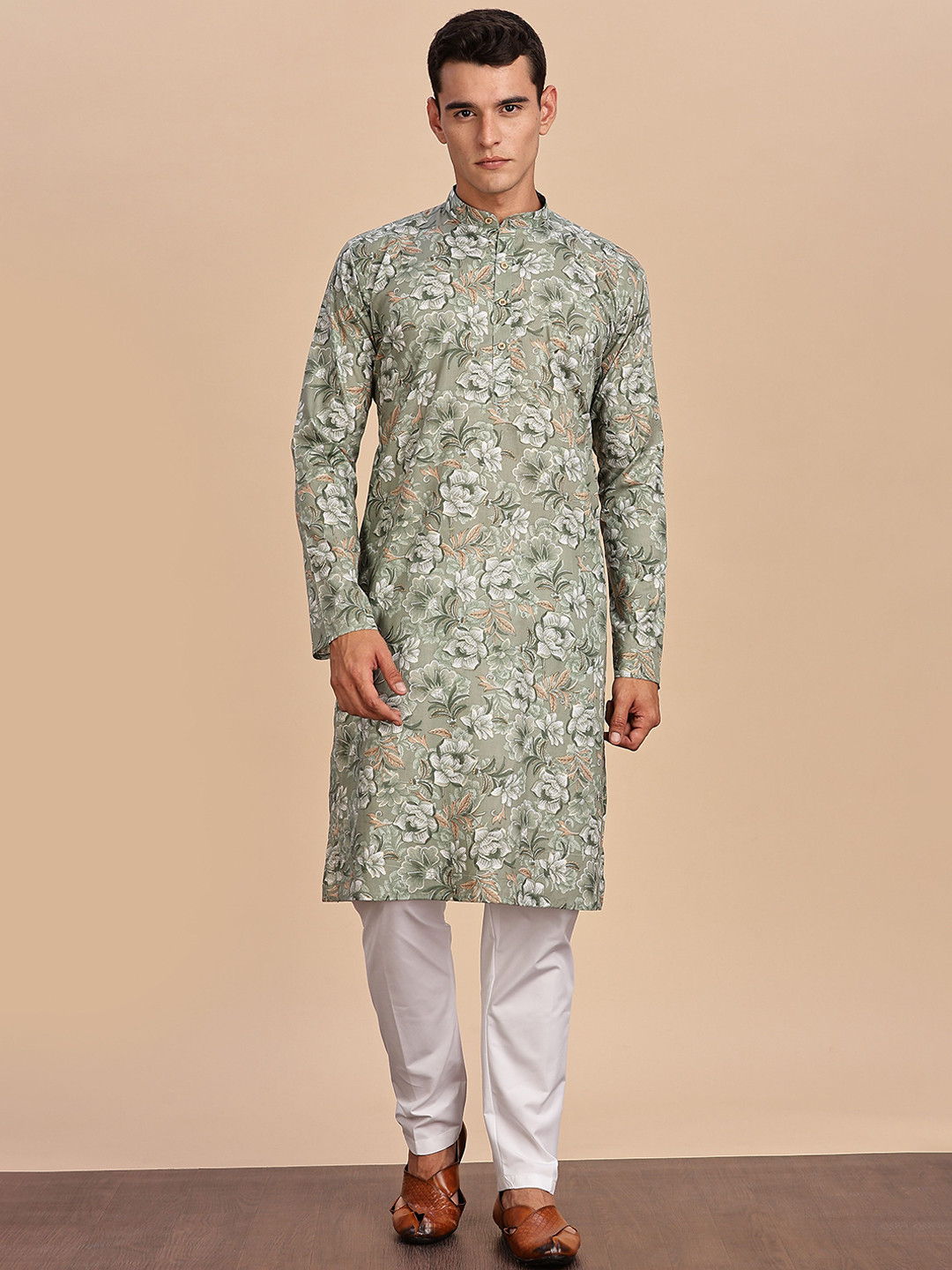 

Anouk Floral Printed Band Collar Straight Kurta, Green