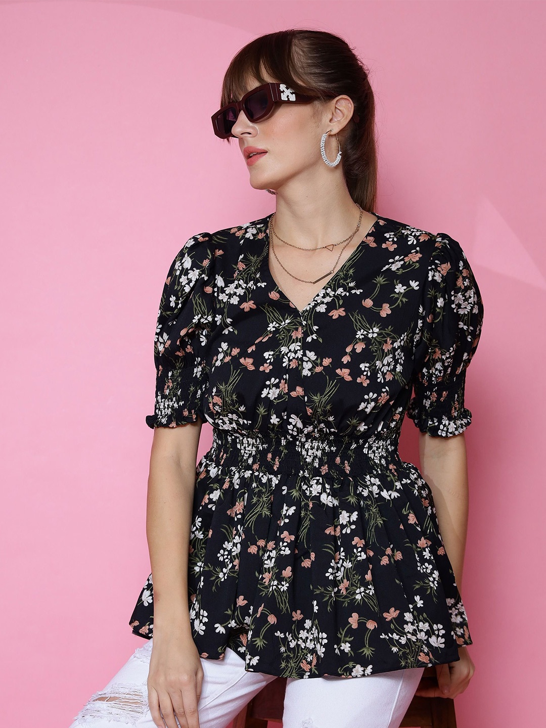 

De La Moda Floral Print Puff Sleeve Crepe Top, Black