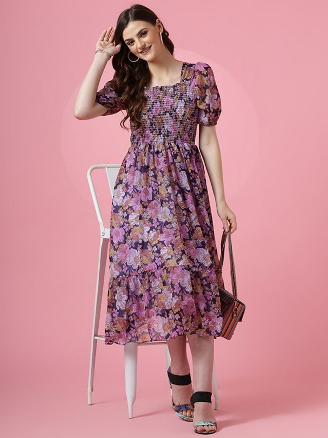 

De La Moda Floral Print Puff Sleeve Georgette Fit & Flare Maxi Dress, Purple