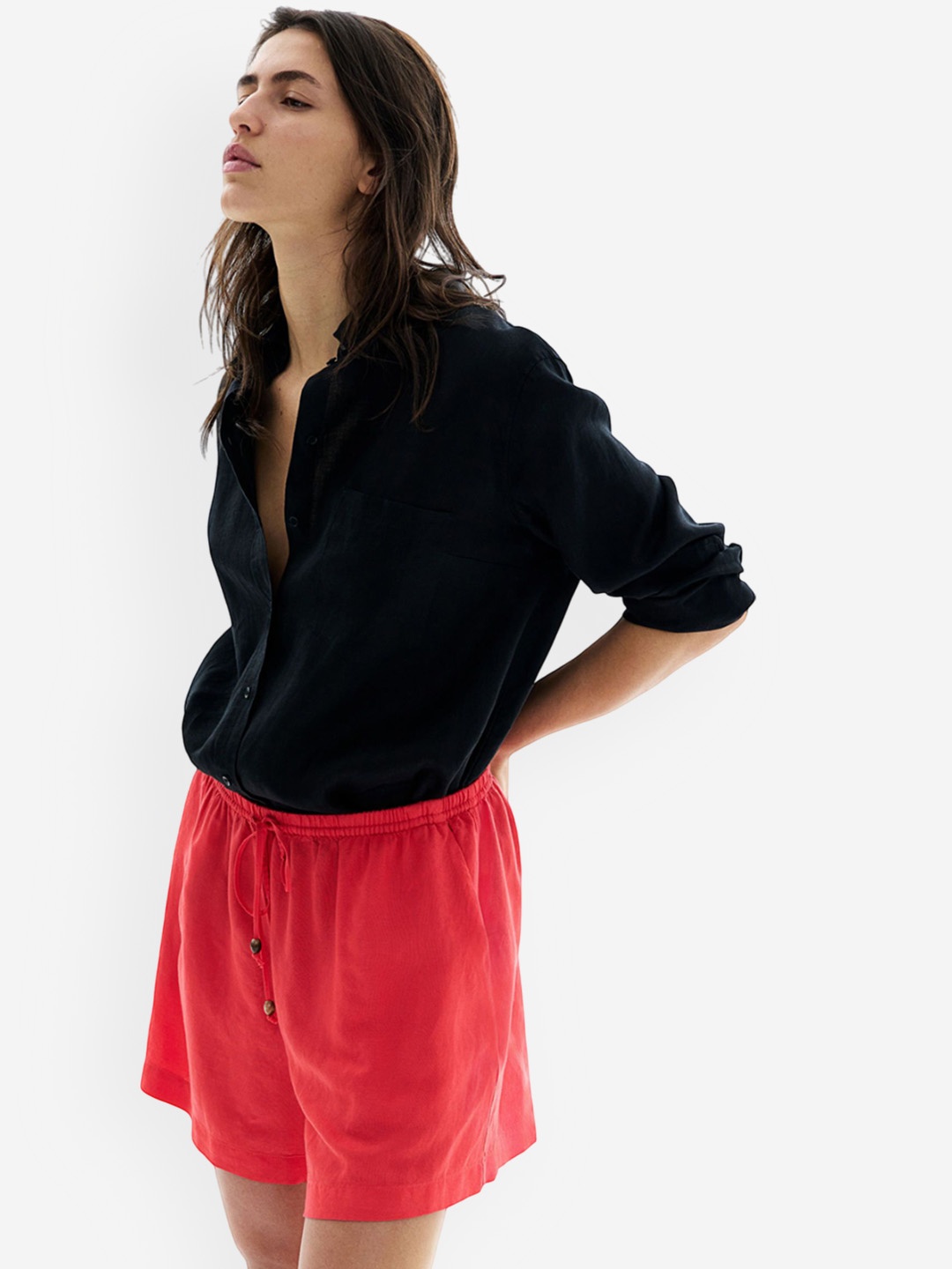 

H&M Linen-Blend Drawstring Shorts, Red