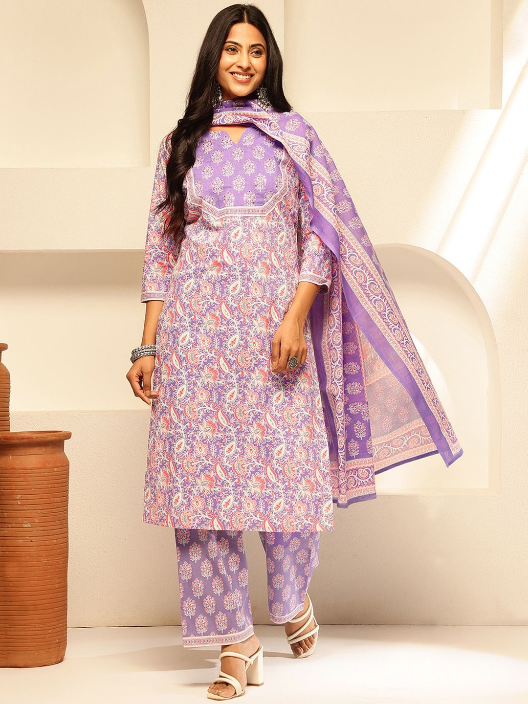 

Vbuyz Ethnic Motifs Printed Sequinned Pure Cotton Straight Kurta with Palazzo & Dupatta, Lavender