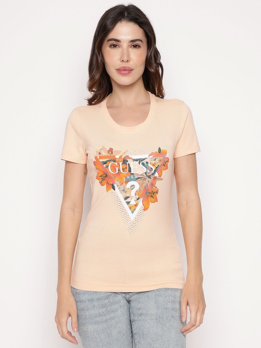 

GUESS Women Floral Printed Cut Outs Slim Fit T-shirt, Peach