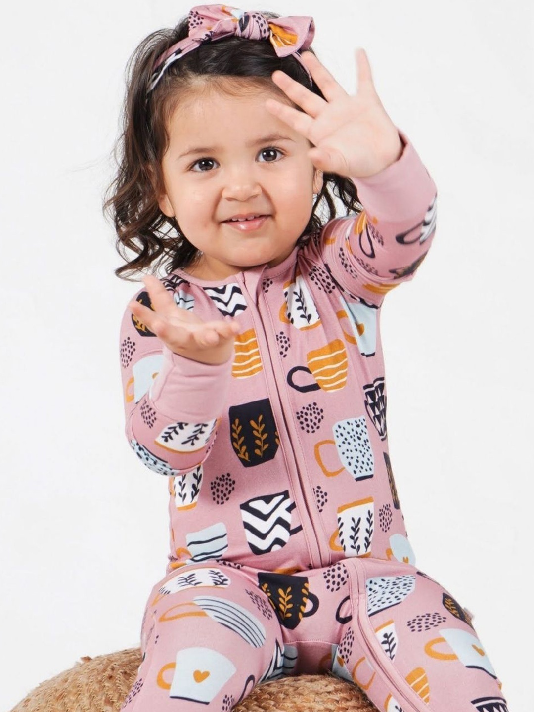 

THE PLUSH CLUB Infants Cups Printed Round Neck Rompers, Pink
