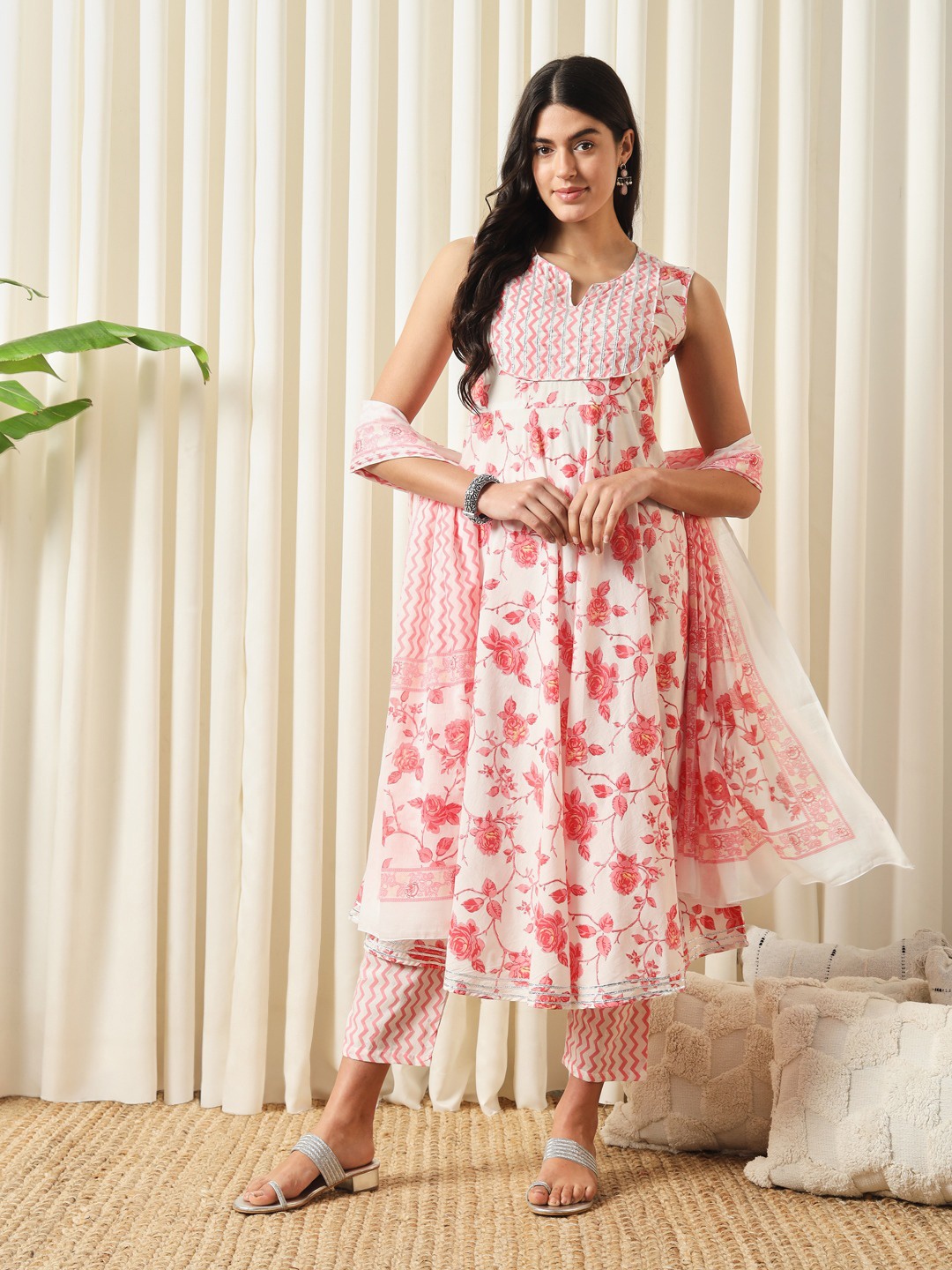 

KALINI Floral Printed Anarkali Gotta Patti Pure Cotton Kurta With Trousers And Dupatta, Red