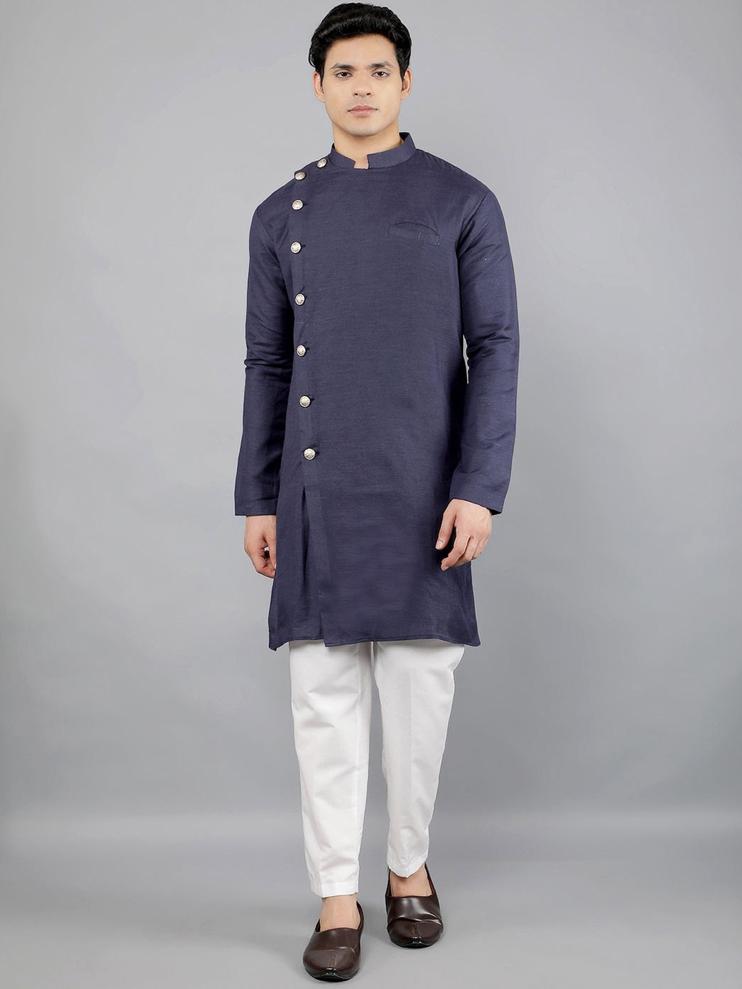 

Manish Creations Woven Design Band Collar Kurta with Churidar, Navy blue