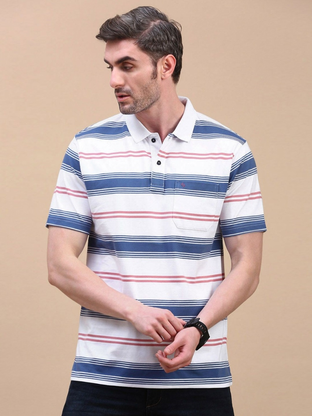 

Classic Polo Men Striped Polo Collar Pockets T-shirt, White