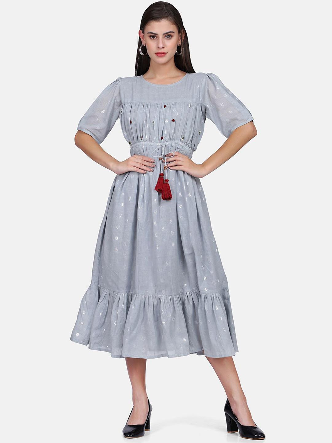 

KALINI Floral Self Design Thread Work Round Neck A-Line Cotton Ethnic Dress, Grey